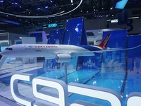 A model of the China-made wide-body passenger jet C929 is on display at the Zhuhai Air Show Center in Zhuhai, China, on November 10, 2024. (