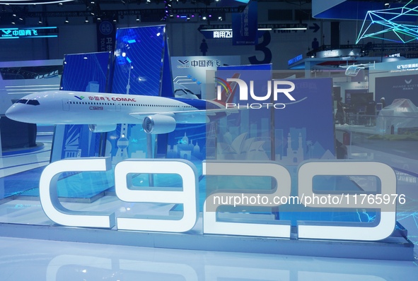 A model of the China-made wide-body passenger jet C929 is on display at the Zhuhai Air Show Center in Zhuhai, China, on November 10, 2024. 