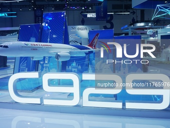 A model of the China-made wide-body passenger jet C929 is on display at the Zhuhai Air Show Center in Zhuhai, China, on November 10, 2024. (