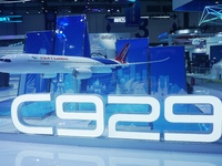 A model of the China-made wide-body passenger jet C929 is on display at the Zhuhai Air Show Center in Zhuhai, China, on November 10, 2024. (