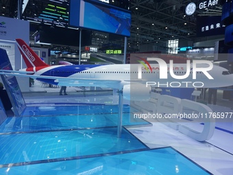 A model of the China-made wide-body passenger jet C929 is on display at the Zhuhai Air Show Center in Zhuhai, China, on November 10, 2024. (