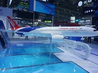 A model of the China-made wide-body passenger jet C929 is on display at the Zhuhai Air Show Center in Zhuhai, China, on November 10, 2024. (