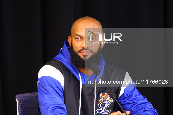 Emilo Bonificio of Los Tigres del Licey speaks to the media before the baseball game against Las Aguilas Cibaenas at Citi Field in Corona, N...