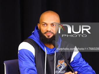 Emilo Bonificio of Los Tigres del Licey speaks to the media before the baseball game against Las Aguilas Cibaenas at Citi Field in Corona, N...