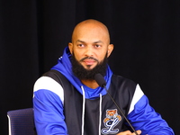 Emilo Bonificio of Los Tigres del Licey speaks to the media before the baseball game against Las Aguilas Cibaenas at Citi Field in Corona, N...