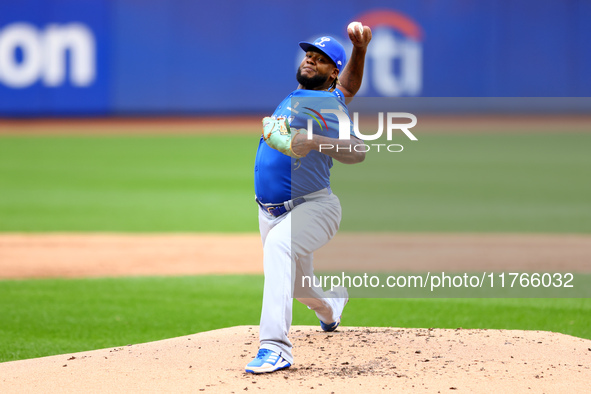 Los Tigres del Licey starting pitcher Lisalverto Bonilla #66 throws during the first inning of a baseball game against Las Aguilas Cibaenas...