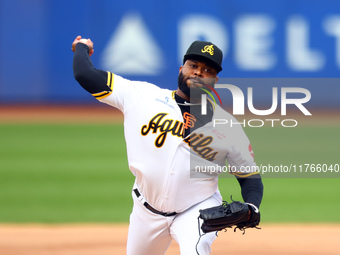 Las Aguilas Cibaenas starting pitcher Johnny Cueto #47 throws during the first inning of a baseball game against Los Tigres del Licey at Cit...