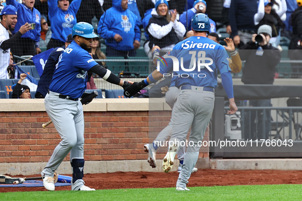 Logan Davidson #73 of Los Tigres del Licey is congratulated after scoring during the third inning of a baseball game against Las Aguilas Cib...