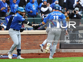 Logan Davidson #73 of Los Tigres del Licey is congratulated after scoring during the third inning of a baseball game against Las Aguilas Cib...