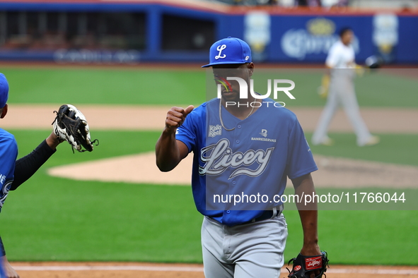 Los Tigres del Licey pitcher Miguel Diaz #88 comes off the field during the seventh inning of a baseball game against Las Aguilas Cibaenas a...