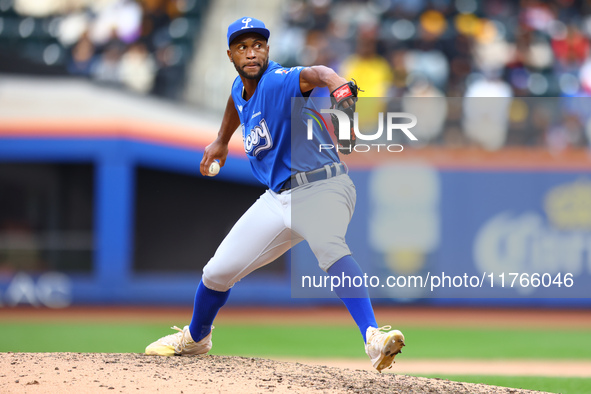 Los Tigres del Licey pitcher Miguel Diaz #88 throws during the sixth inning of a baseball game against Las Aguilas Cibaenas at Citi Field in...