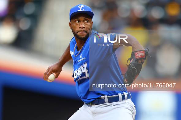 Los Tigres del Licey pitcher Miguel Diaz #88 throws during the sixth inning of a baseball game against Las Aguilas Cibaenas at Citi Field in...