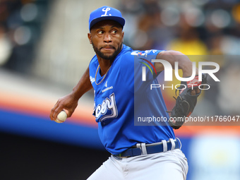 Los Tigres del Licey pitcher Miguel Diaz #88 throws during the sixth inning of a baseball game against Las Aguilas Cibaenas at Citi Field in...