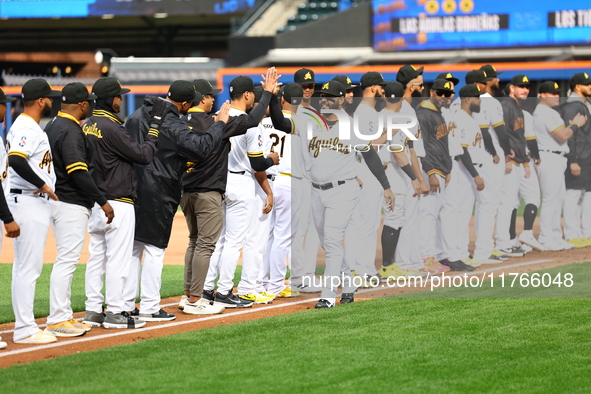 Las Aguilas Cibaena players and coaches are introduced before the baseball game against Los Tigres del Licey at Citi Field in Corona, N.Y.,...