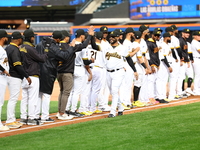 Las Aguilas Cibaena players and coaches are introduced before the baseball game against Los Tigres del Licey at Citi Field in Corona, N.Y.,...