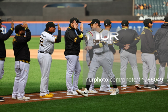 Las Aguilas Cibaena players and coaches are introduced before the baseball game against Los Tigres del Licey at Citi Field in Corona, N.Y.,...