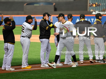 Las Aguilas Cibaena players and coaches are introduced before the baseball game against Los Tigres del Licey at Citi Field in Corona, N.Y.,...