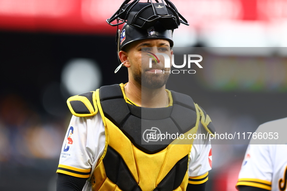 Las Aguilas Cibaenas catcher J.C Escarra #59 comes off the field during the second inning of a baseball game against Los Tigres del Licey at...