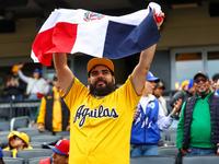 The Las Aguilas Cibaenas fans cheer during the baseball game against Los Tigres del Licey at Citi Field in Corona, N.Y., on November 10, 202...