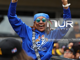 The Los Tigres del Licey fans cheer during the baseball game against Las Aguilas Cibaenas at Citi Field in Corona, N.Y., on November 10, 202...