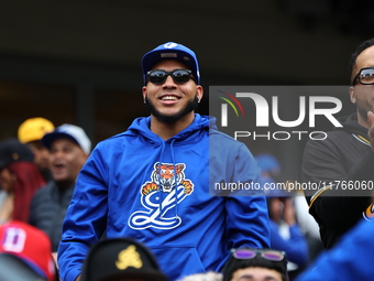 The Los Tigres del Licey fans cheer during the baseball game against Las Aguilas Cibaenas at Citi Field in Corona, N.Y., on November 10, 202...