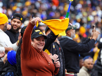 The Las Aguilas Cibaenas fans cheer during the baseball game against the Los Tigres del Licey at Citi Field in Corona, N.Y., on November 10,...