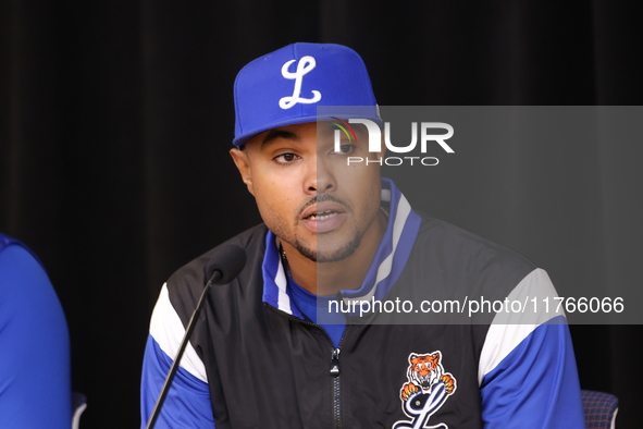 Los Tigres del Licey manager Gilbert Gomez speaks to the media before the baseball game against Las Aguilas Cibaenas at Citi Field in Corona...