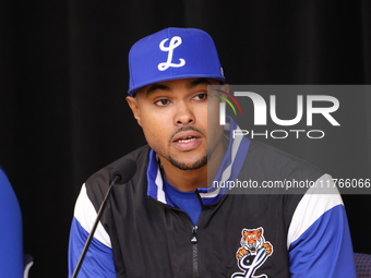 Los Tigres del Licey manager Gilbert Gomez speaks to the media before the baseball game against Las Aguilas Cibaenas at Citi Field in Corona...