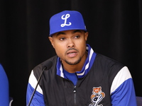 Los Tigres del Licey manager Gilbert Gomez speaks to the media before the baseball game against Las Aguilas Cibaenas at Citi Field in Corona...