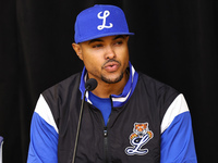 Los Tigres del Licey manager Gilbert Gomez speaks to the media after the baseball game against Las Aguilas Cibaenas at Citi Field in Corona,...