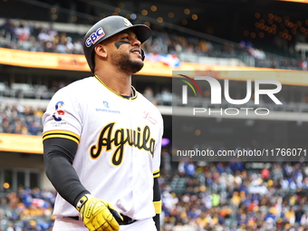 Juan Lagares #17 of Las Aguilas Cibaenas comes off the field during the second inning of a baseball game against Los Tigres del Licey at Cit...