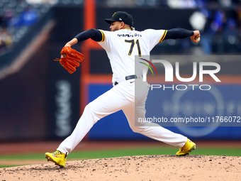 Las Aguilas Cibaenas pitcher Dinelson Lamet #71 throws during the third inning of a baseball game against Los Tigres del Licey at Citi Field...