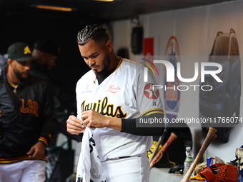 Las Aguilas Cibaenas pitcher Dinelson Lamet #71 stands in the dugout during the third inning of a baseball game against Los Tigres del Licey...