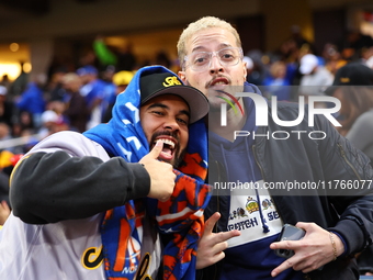 The Las Aguilas Cibaenas fans cheer during the baseball game against the Los Tigres del Licey at Citi Field in Corona, N.Y., on November 10,...