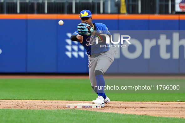 Los Tigres del Licey shortstop Domingo Leyba #6 fields and throws during the second inning of a baseball game against Las Aguilas Cibaenas a...