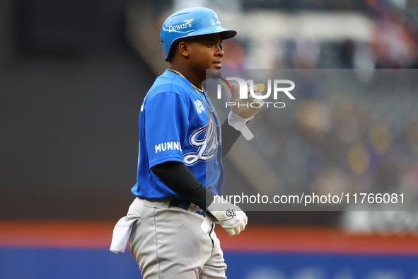 Domingo Leyba #6 of Los Tigres del Licey bats during the fourth inning of a baseball game against Las Aguilas Cibaenas at Citi Field in Coro...