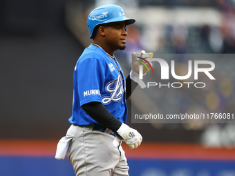 Domingo Leyba #6 of Los Tigres del Licey bats during the fourth inning of a baseball game against Las Aguilas Cibaenas at Citi Field in Coro...