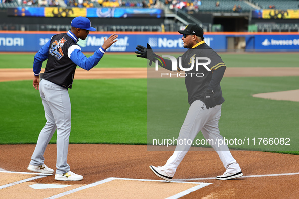 Los Tigres del Licey manager Gilbert Gomez greets Las Aguilas Cibaenas manager Yadier Molina before the baseball game against Las Aguilas Ci...