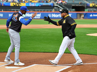 Los Tigres del Licey manager Gilbert Gomez greets Las Aguilas Cibaenas manager Yadier Molina before the baseball game against Las Aguilas Ci...