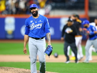 Los Tigres del Licey pitcher Jean Carlos Mejia #40 comes off the field as Las Aguilas Cibaenas players celebrate a 3-2 win in a baseball gam...