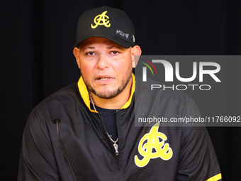 Las Aguilas Cibaenas manager Yadier Molina speaks to the media during a press conference before the baseball game against Los Tigres del Lic...