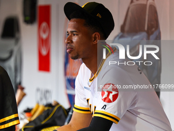 Alfredo Reyes #62 of Las Aguilas Cibaenas sits on the bench during the third inning of a baseball game against Los Tigres del Licey at Citi...