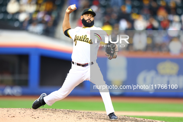 Las Aguilas Cibaenas pitcher Richard Rodriguez #19 throws during the eighth inning of a baseball game against Los Tigres del Licey at Citi F...