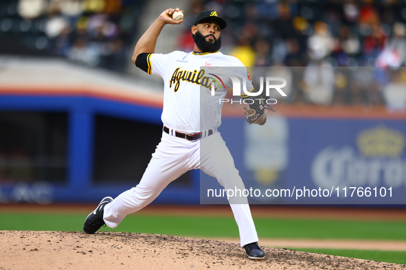 Las Aguilas Cibaenas pitcher Richard Rodriguez #19 throws during the eighth inning of a baseball game against Los Tigres del Licey at Citi F...