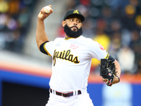 Las Aguilas Cibaenas pitcher Richard Rodriguez #19 throws during the eighth inning of a baseball game against Los Tigres del Licey at Citi F...