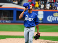 Los Tigres del Licey pitcher Juan Then #49 comes off the field during the fifth inning of a baseball game against Las Aguilas Cibaenas at Ci...