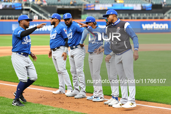 Los Tigres del Licey players and coaches are introduced before the baseball game against Las Aguilas Cibaenas at Citi Field in Corona, N.Y.,...