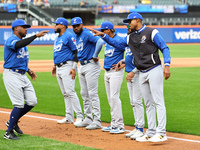 Los Tigres del Licey players and coaches are introduced before the baseball game against Las Aguilas Cibaenas at Citi Field in Corona, N.Y.,...