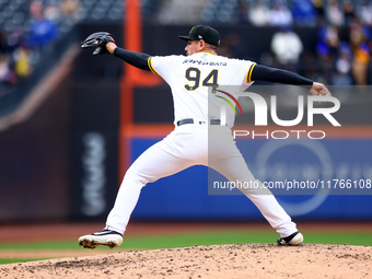 Las Aguilas Cibaenas pitcher Nick Wittgren #94 throws during the third inning of a baseball game against Los Tigres del Licey at Citi Field...