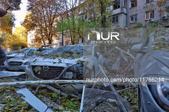 Cars are damaged by a Russian drone attack in Khadzhybeiskyi district of Odesa, Ukraine, on November 7, 2024. 